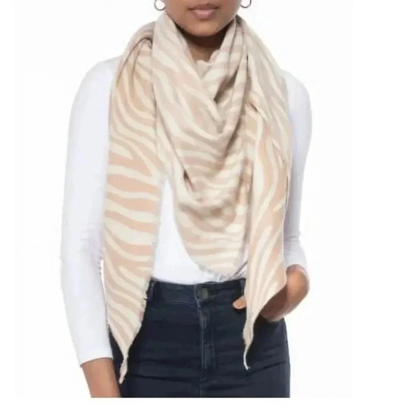 INC International Concepts Triangle Zebra Print Scarf Wrap Natural Beige Mocha - Picture 1 of 9